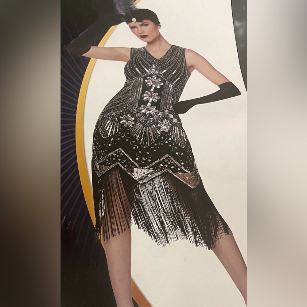 Elegant Flashy Flapper Black & Silver Beaded Dress